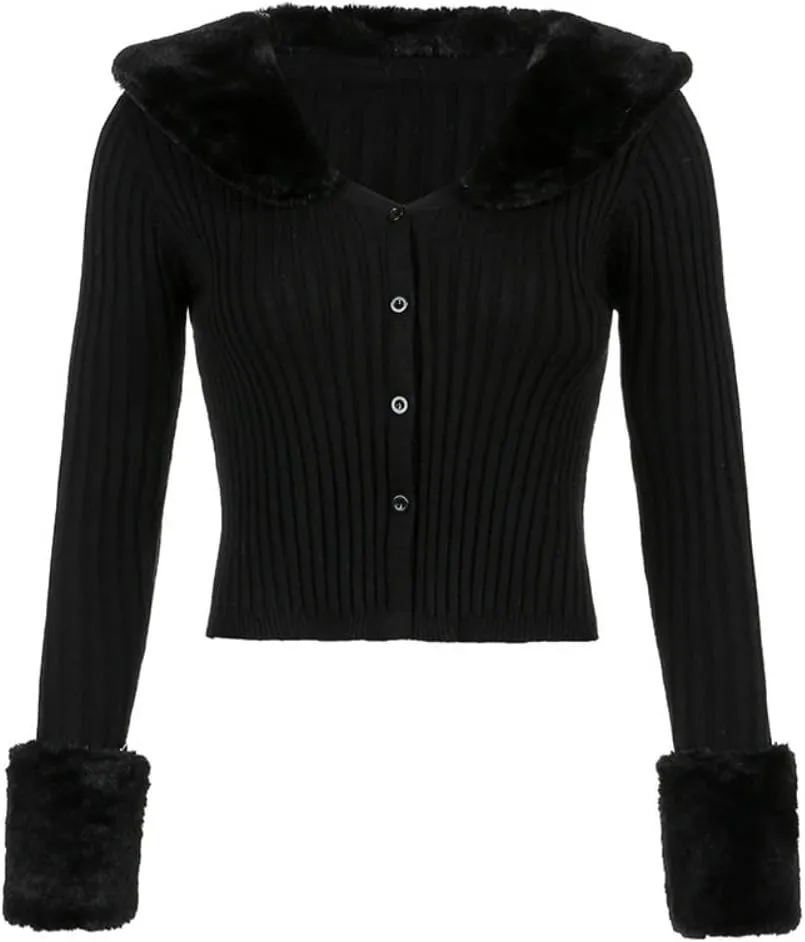 Womens Cropped Knit Sweater Cardigan Classic Casual V-Neck Open Front Coat with Removable Fur Collar Cuffs Tops