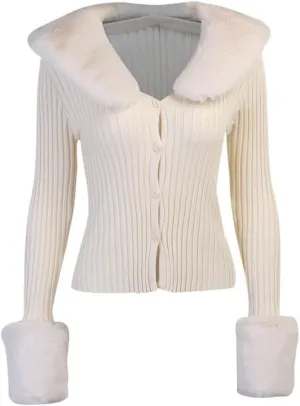 Womens Cropped Knit Sweater Cardigan Classic Casual V-Neck Open Front Coat with Removable Fur Collar Cuffs Tops