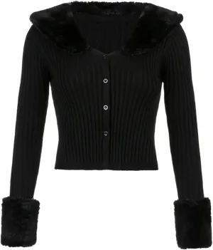 Womens Cropped Knit Sweater Cardigan Classic Casual V-Neck Open Front Coat with Removable Fur Collar Cuffs Tops
