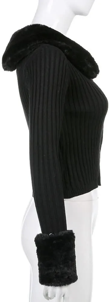 Womens Cropped Knit Sweater Cardigan Classic Casual V-Neck Open Front Coat with Removable Fur Collar Cuffs Tops