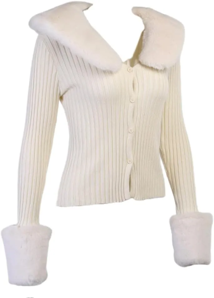Womens Cropped Knit Sweater Cardigan Classic Casual V-Neck Open Front Coat with Removable Fur Collar Cuffs Tops