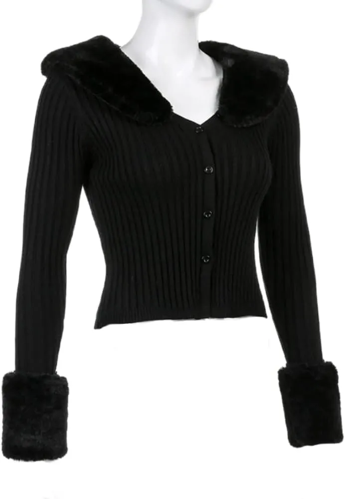 Womens Cropped Knit Sweater Cardigan Classic Casual V-Neck Open Front Coat with Removable Fur Collar Cuffs Tops
