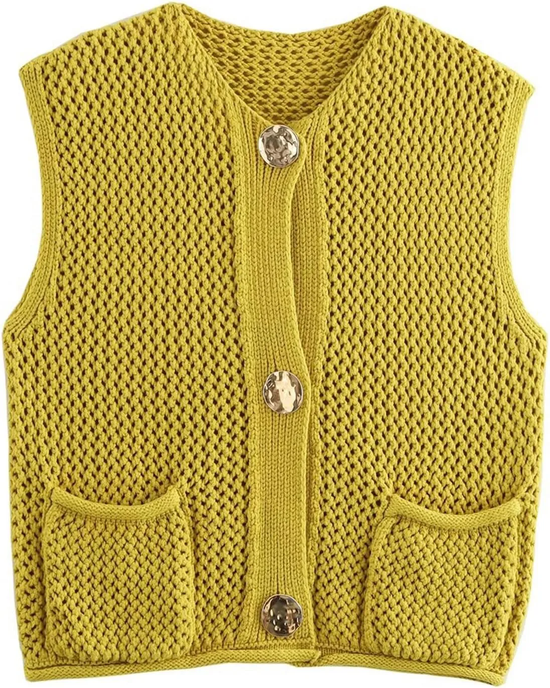 Womens Cropped Sweater Vest Hollow Out Crochet Knit Button Down Sleeveless Cardigan Sweaters