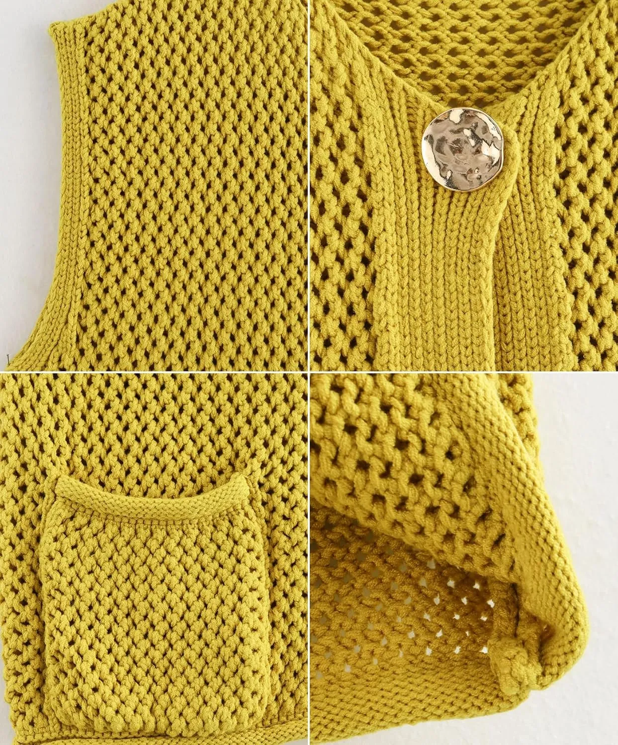 Womens Cropped Sweater Vest Hollow Out Crochet Knit Button Down Sleeveless Cardigan Sweaters