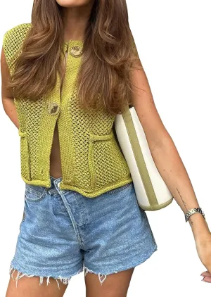 Womens Cropped Sweater Vest Hollow Out Crochet Knit Button Down Sleeveless Cardigan Sweaters