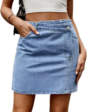 Women's Denim Skirt Summer Mini Asymmetrical Pocket Button Irregular Comfy Streetwear Fashion