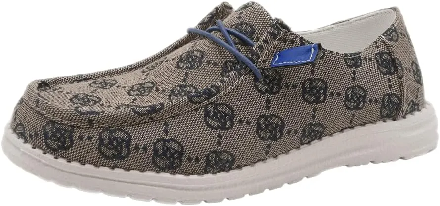 Women's Designer-Inspired Slip-On Loafers with Monogram Canvas, Lightweight Casual Walking Boat Shoes, Comfortable Breathable Lace-up Wide Width Sneakers Orthotic for Everyday Wear Pink Blue Brown