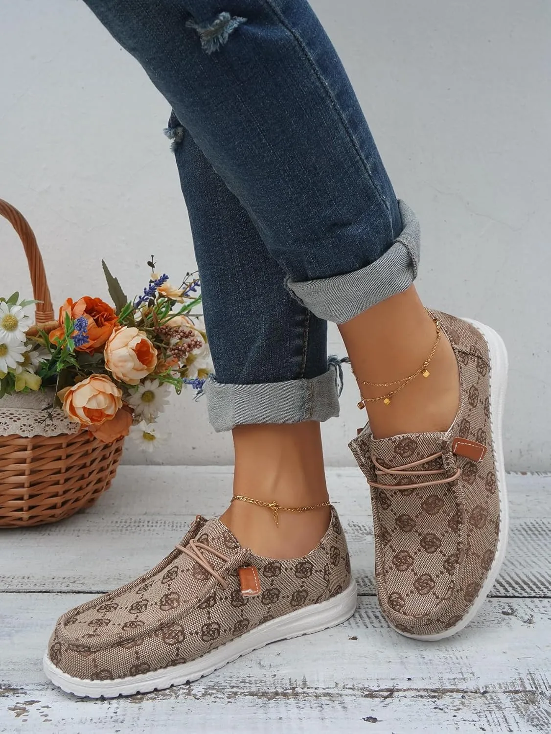 Women's Designer-Inspired Slip-On Loafers with Monogram Canvas, Lightweight Casual Walking Boat Shoes, Comfortable Breathable Lace-up Wide Width Sneakers Orthotic for Everyday Wear Pink Blue Brown