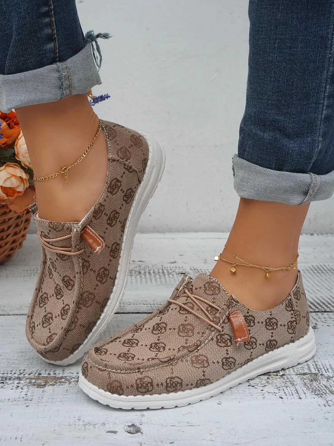 Women's Designer-Inspired Slip-On Loafers with Monogram Canvas, Lightweight Casual Walking Boat Shoes, Comfortable Breathable Lace-up Wide Width Sneakers Orthotic for Everyday Wear Pink Blue Brown