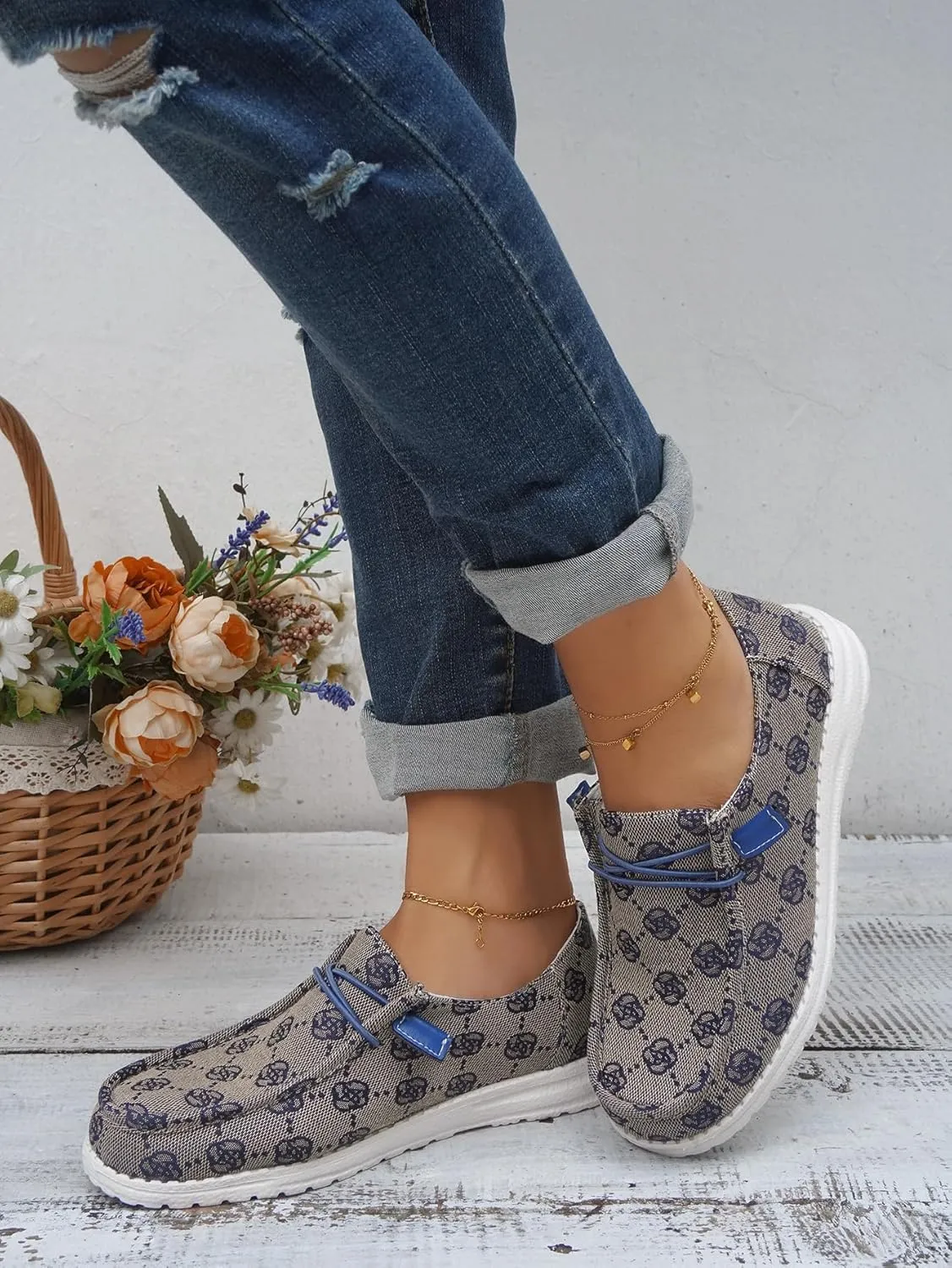 Women's Designer-Inspired Slip-On Loafers with Monogram Canvas, Lightweight Casual Walking Boat Shoes, Comfortable Breathable Lace-up Wide Width Sneakers Orthotic for Everyday Wear Pink Blue Brown