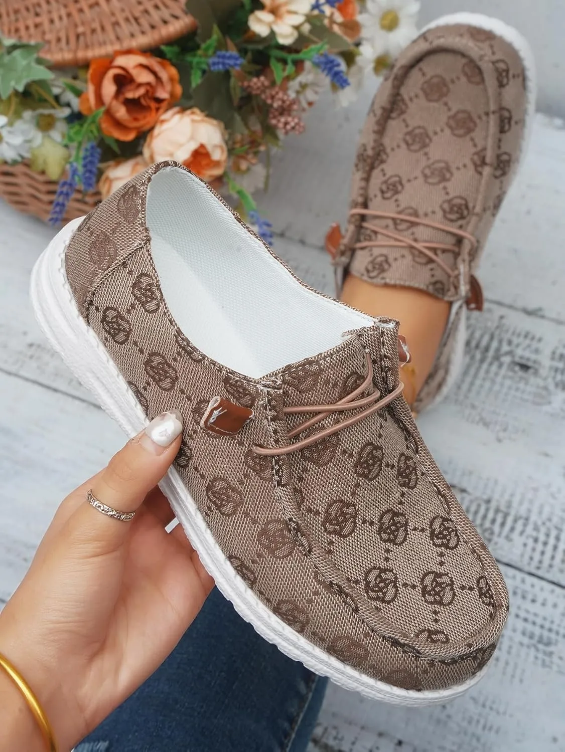 Women's Designer-Inspired Slip-On Loafers with Monogram Canvas, Lightweight Casual Walking Boat Shoes, Comfortable Breathable Lace-up Wide Width Sneakers Orthotic for Everyday Wear Pink Blue Brown