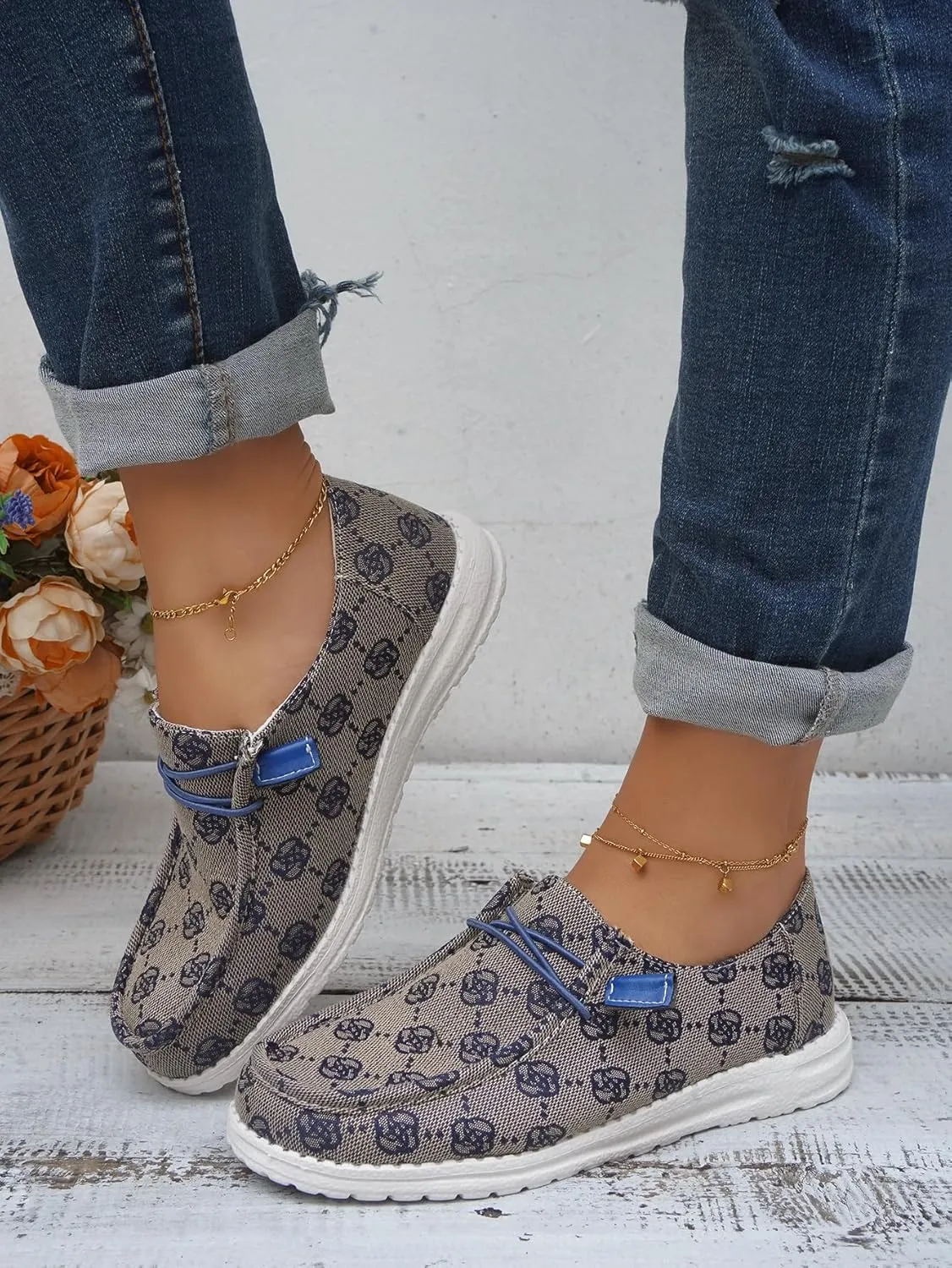 Women's Designer-Inspired Slip-On Loafers with Monogram Canvas, Lightweight Casual Walking Boat Shoes, Comfortable Breathable Lace-up Wide Width Sneakers Orthotic for Everyday Wear Pink Blue Brown