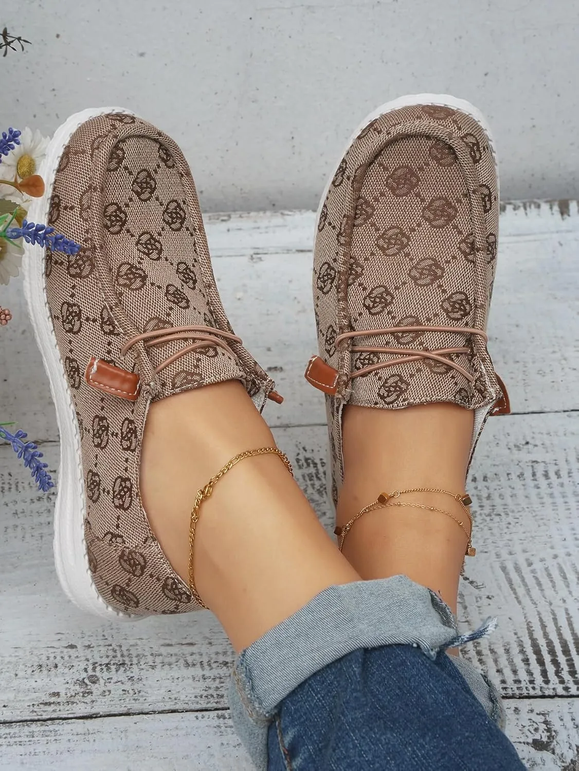 Women's Designer-Inspired Slip-On Loafers with Monogram Canvas, Lightweight Casual Walking Boat Shoes, Comfortable Breathable Lace-up Wide Width Sneakers Orthotic for Everyday Wear Pink Blue Brown