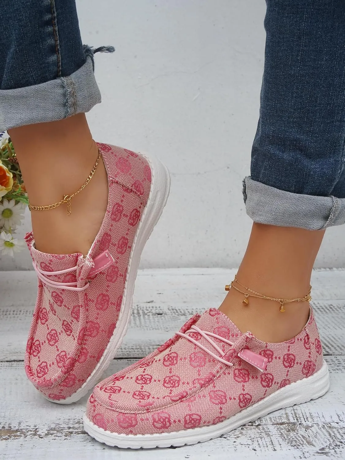 Women's Designer-Inspired Slip-On Loafers with Monogram Canvas, Lightweight Casual Walking Boat Shoes, Comfortable Breathable Lace-up Wide Width Sneakers Orthotic for Everyday Wear Pink Blue Brown