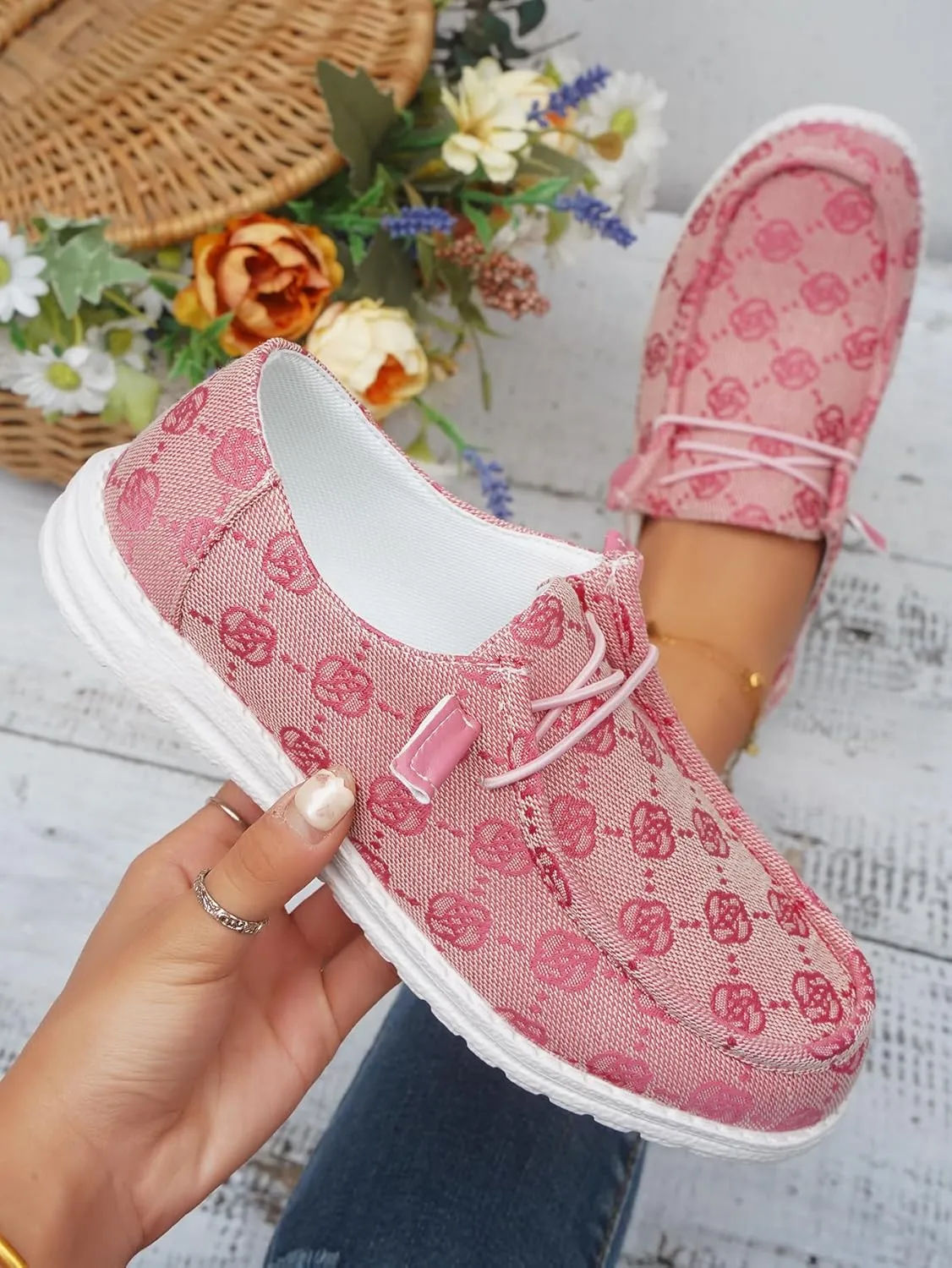 Women's Designer-Inspired Slip-On Loafers with Monogram Canvas, Lightweight Casual Walking Boat Shoes, Comfortable Breathable Lace-up Wide Width Sneakers Orthotic for Everyday Wear Pink Blue Brown