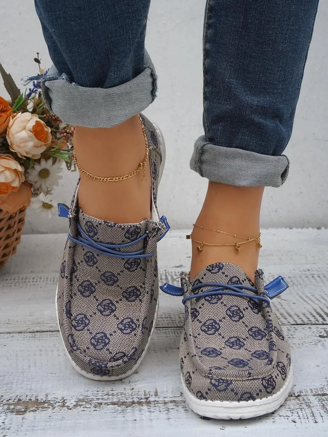 Women's Designer-Inspired Slip-On Loafers with Monogram Canvas, Lightweight Casual Walking Boat Shoes, Comfortable Breathable Lace-up Wide Width Sneakers Orthotic for Everyday Wear Pink Blue Brown