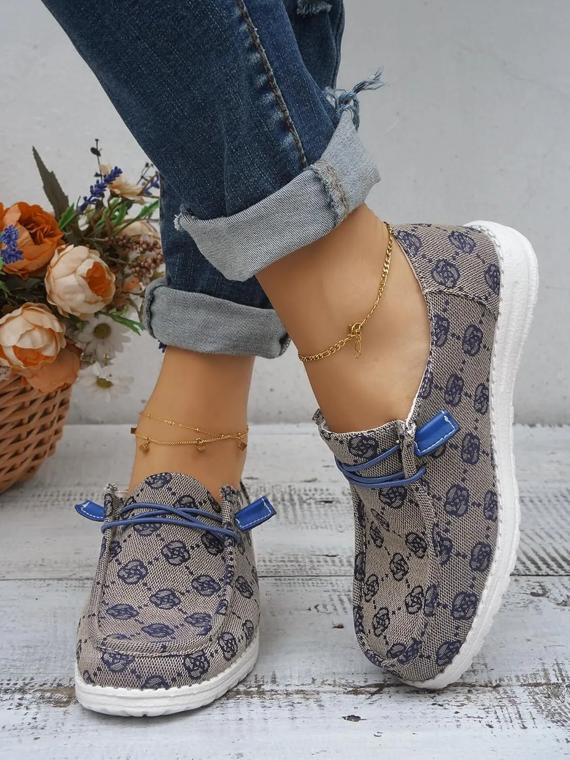 Women's Designer-Inspired Slip-On Loafers with Monogram Canvas, Lightweight Casual Walking Boat Shoes, Comfortable Breathable Lace-up Wide Width Sneakers Orthotic for Everyday Wear Pink Blue Brown