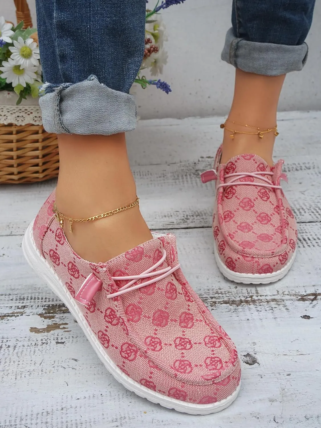 Women's Designer-Inspired Slip-On Loafers with Monogram Canvas, Lightweight Casual Walking Boat Shoes, Comfortable Breathable Lace-up Wide Width Sneakers Orthotic for Everyday Wear Pink Blue Brown