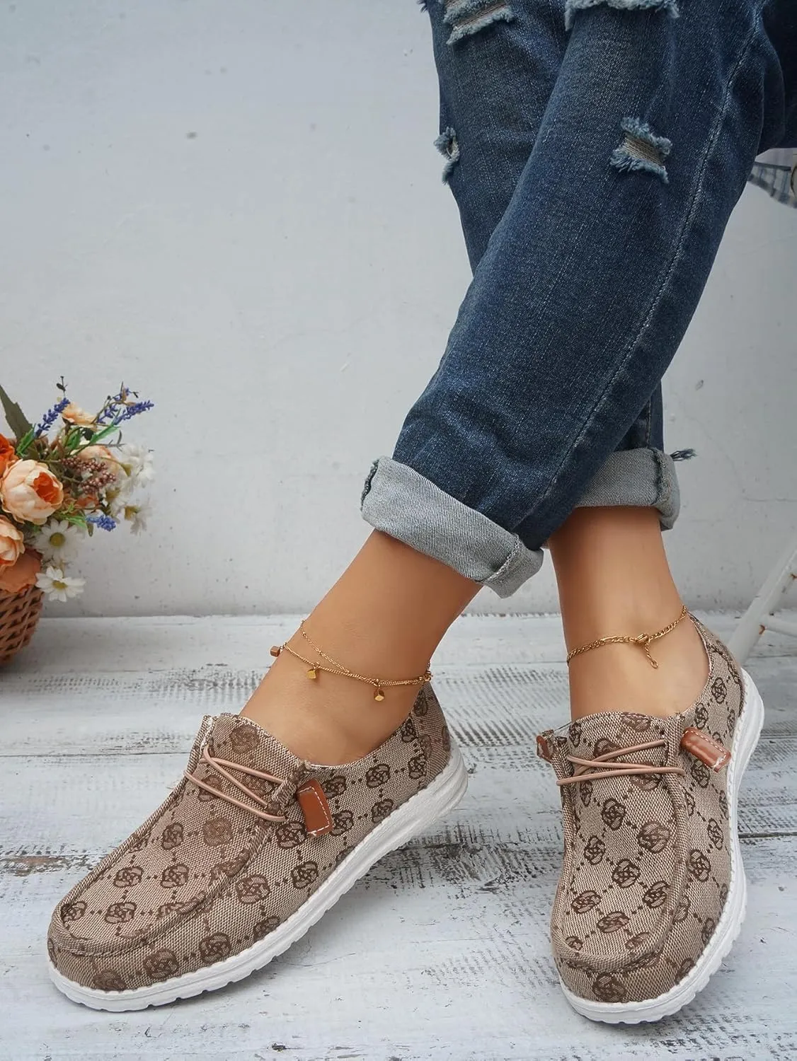 Women's Designer-Inspired Slip-On Loafers with Monogram Canvas, Lightweight Casual Walking Boat Shoes, Comfortable Breathable Lace-up Wide Width Sneakers Orthotic for Everyday Wear Pink Blue Brown