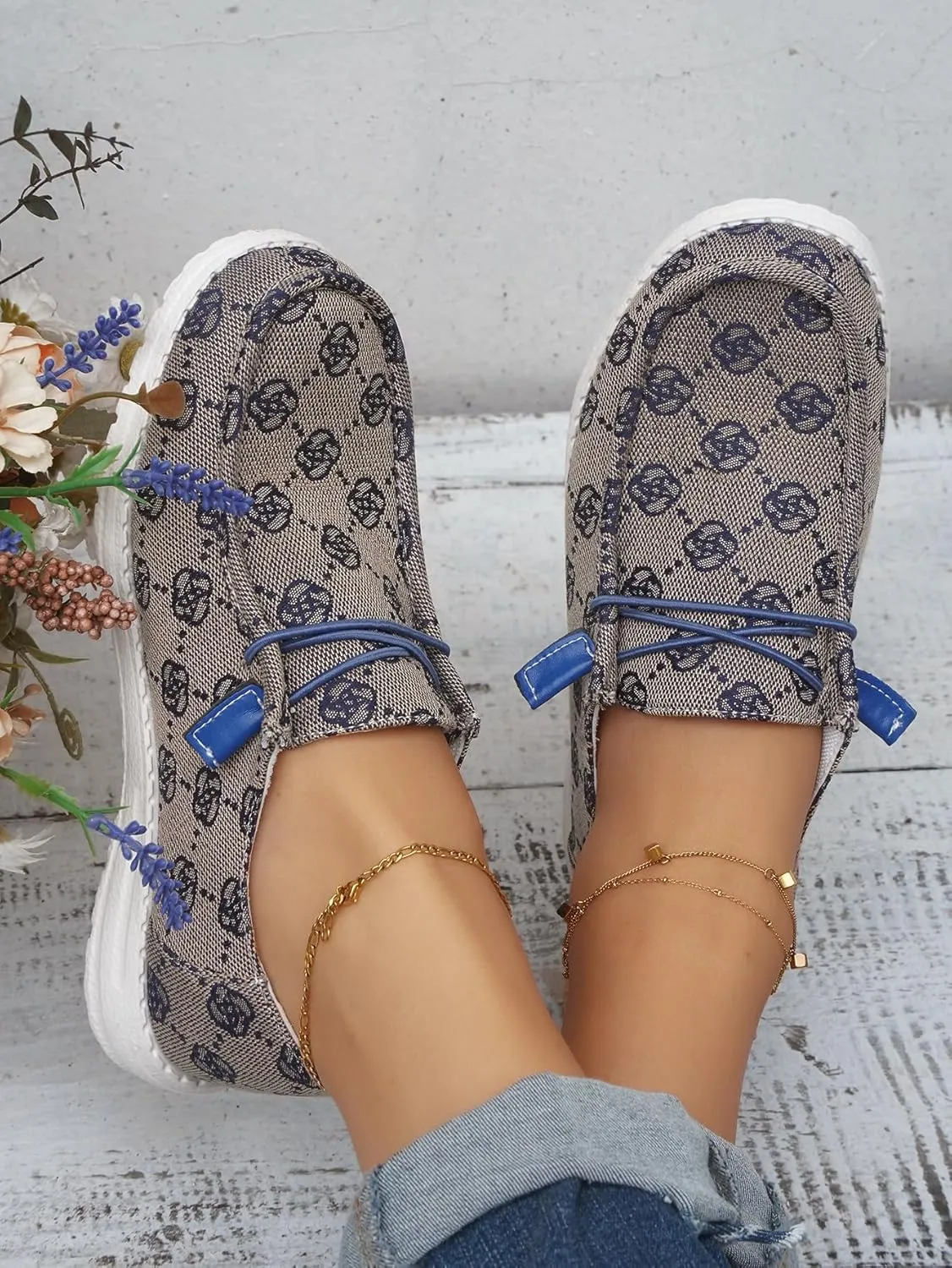 Women's Designer-Inspired Slip-On Loafers with Monogram Canvas, Lightweight Casual Walking Boat Shoes, Comfortable Breathable Lace-up Wide Width Sneakers Orthotic for Everyday Wear Pink Blue Brown