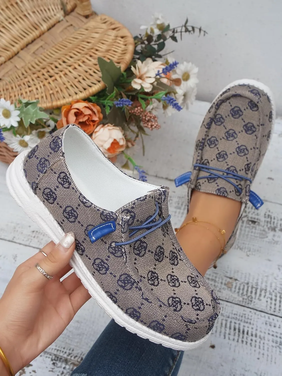 Women's Designer-Inspired Slip-On Loafers with Monogram Canvas, Lightweight Casual Walking Boat Shoes, Comfortable Breathable Lace-up Wide Width Sneakers Orthotic for Everyday Wear Pink Blue Brown
