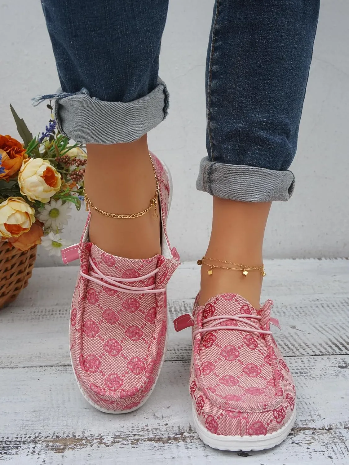 Women's Designer-Inspired Slip-On Loafers with Monogram Canvas, Lightweight Casual Walking Boat Shoes, Comfortable Breathable Lace-up Wide Width Sneakers Orthotic for Everyday Wear Pink Blue Brown