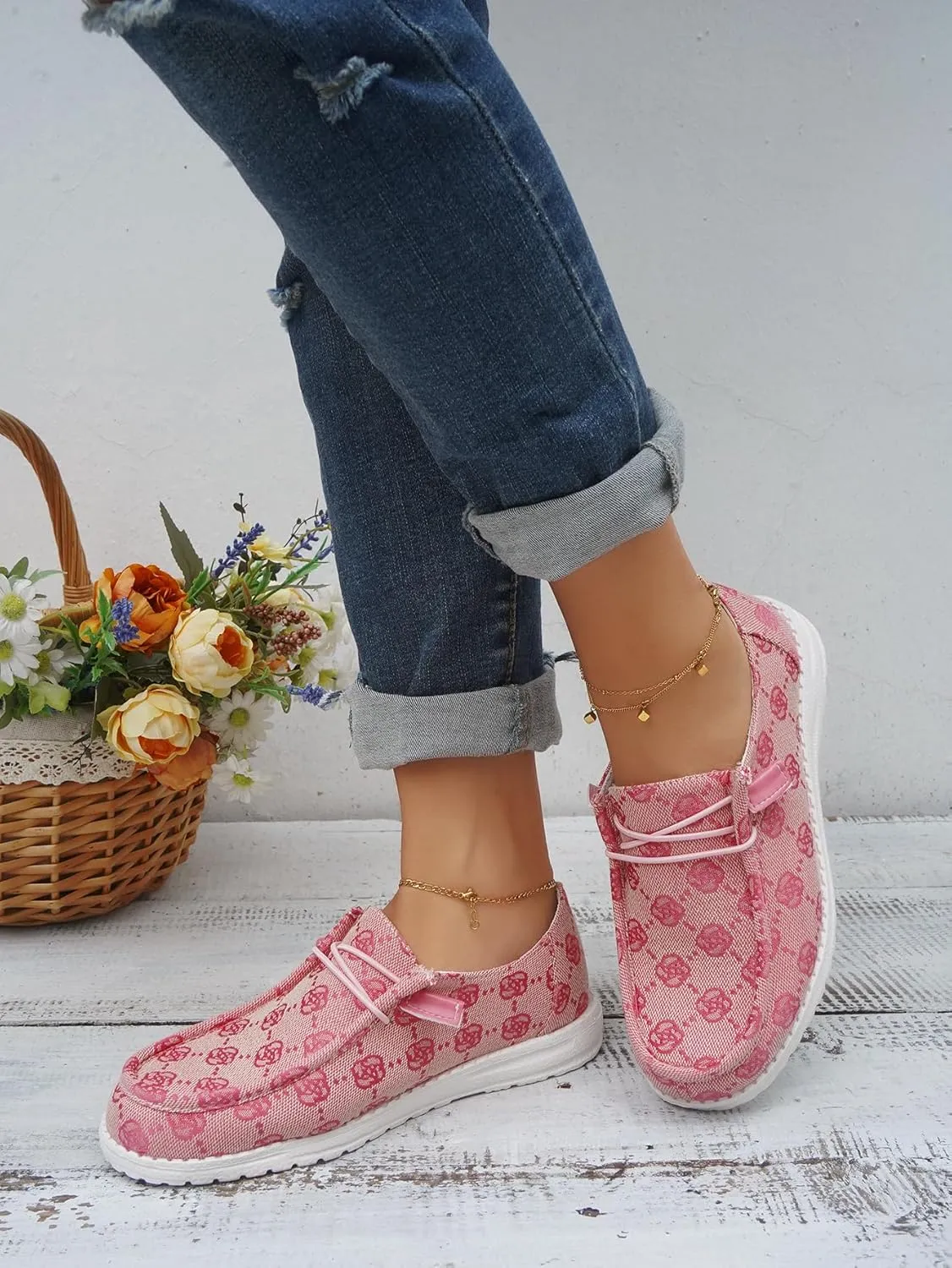 Women's Designer-Inspired Slip-On Loafers with Monogram Canvas, Lightweight Casual Walking Boat Shoes, Comfortable Breathable Lace-up Wide Width Sneakers Orthotic for Everyday Wear Pink Blue Brown