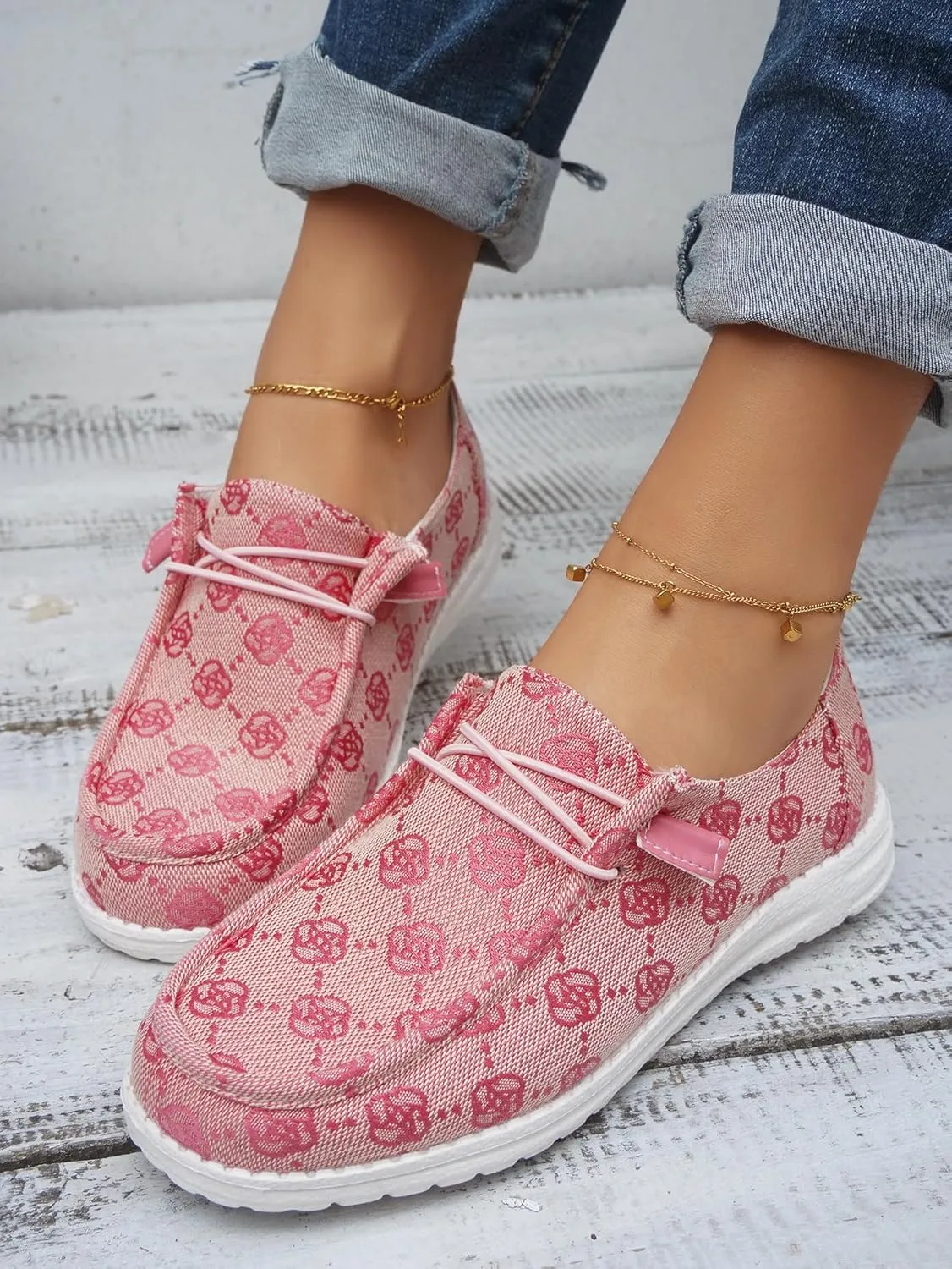 Women's Designer-Inspired Slip-On Loafers with Monogram Canvas, Lightweight Casual Walking Boat Shoes, Comfortable Breathable Lace-up Wide Width Sneakers Orthotic for Everyday Wear Pink Blue Brown