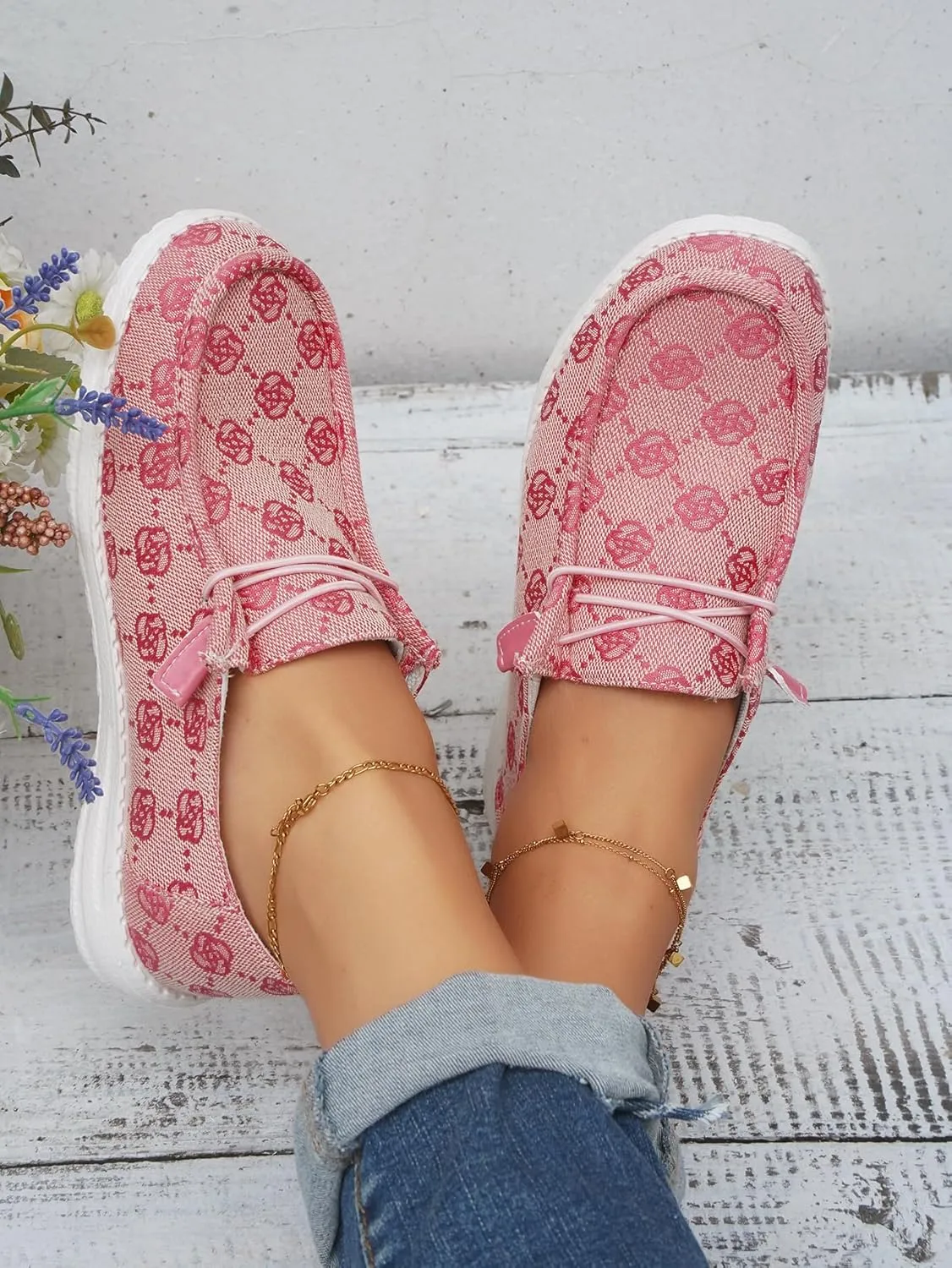 Women's Designer-Inspired Slip-On Loafers with Monogram Canvas, Lightweight Casual Walking Boat Shoes, Comfortable Breathable Lace-up Wide Width Sneakers Orthotic for Everyday Wear Pink Blue Brown