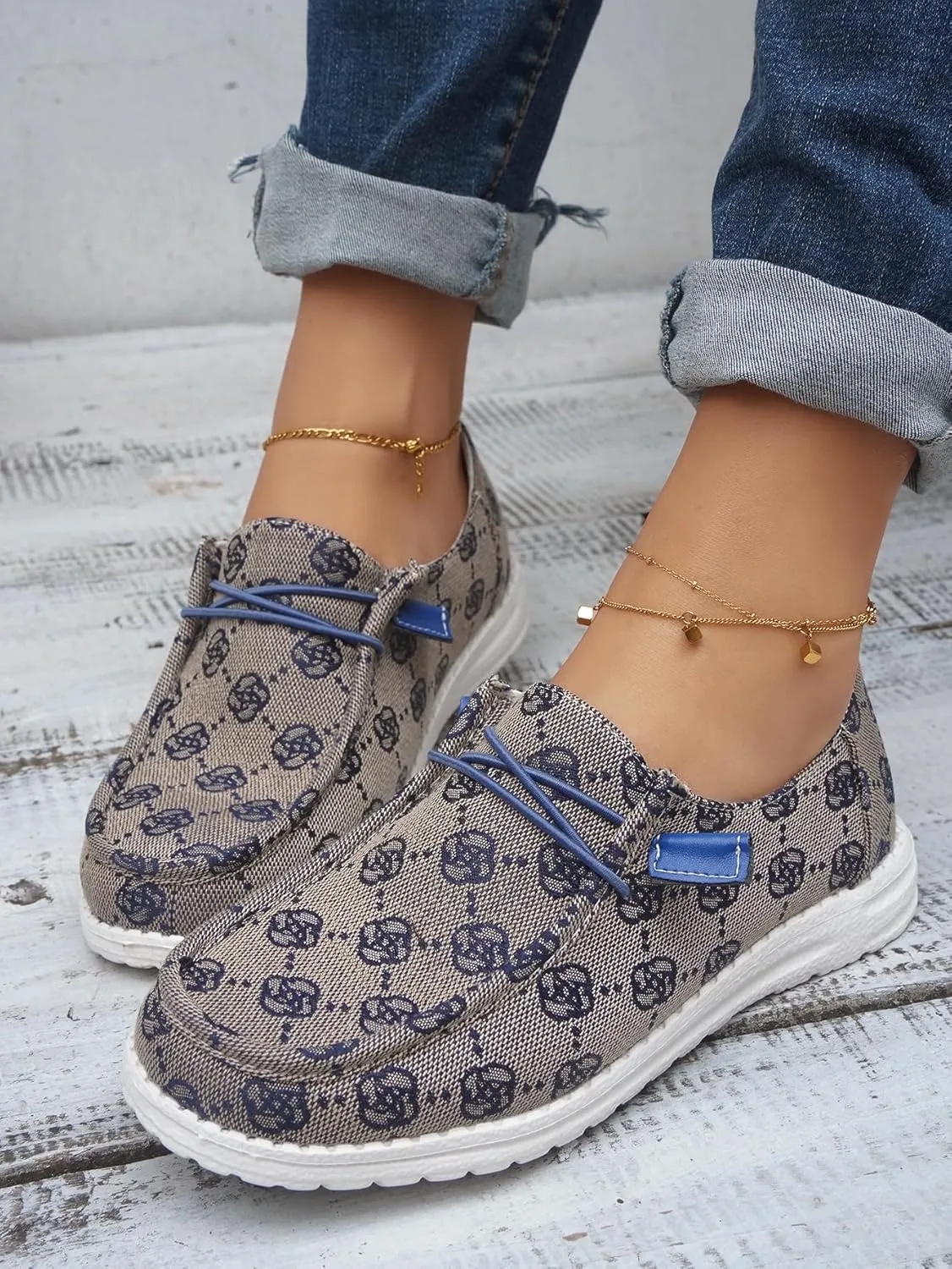 Women's Designer-Inspired Slip-On Loafers with Monogram Canvas, Lightweight Casual Walking Boat Shoes, Comfortable Breathable Lace-up Wide Width Sneakers Orthotic for Everyday Wear Pink Blue Brown