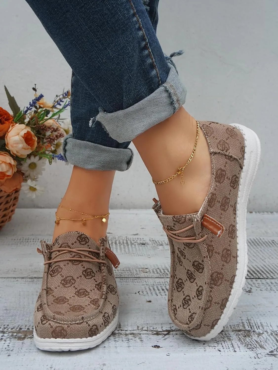 Women's Designer-Inspired Slip-On Loafers with Monogram Canvas, Lightweight Casual Walking Boat Shoes, Comfortable Breathable Lace-up Wide Width Sneakers Orthotic for Everyday Wear Pink Blue Brown