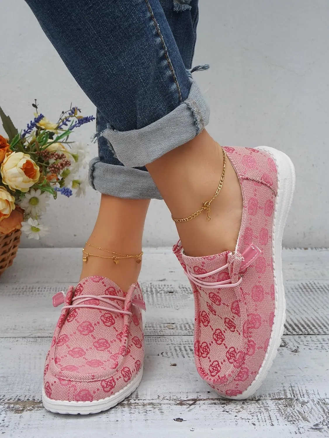 Women's Designer-Inspired Slip-On Loafers with Monogram Canvas, Lightweight Casual Walking Boat Shoes, Comfortable Breathable Lace-up Wide Width Sneakers Orthotic for Everyday Wear Pink Blue Brown