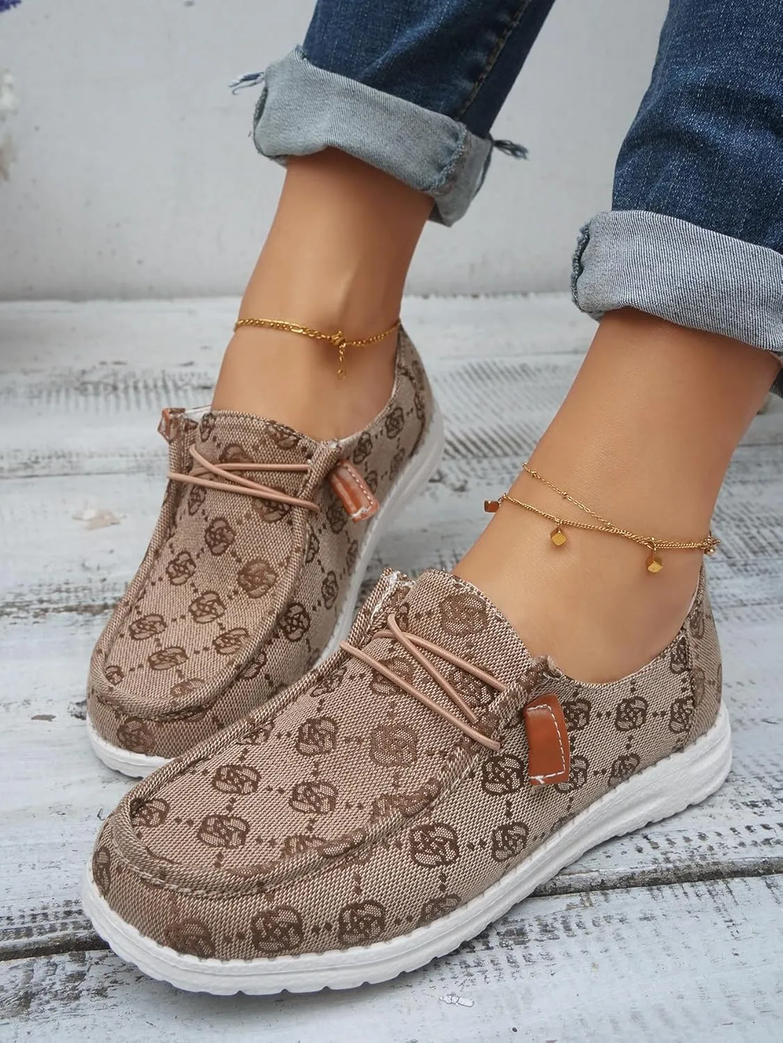 Women's Designer-Inspired Slip-On Loafers with Monogram Canvas, Lightweight Casual Walking Boat Shoes, Comfortable Breathable Lace-up Wide Width Sneakers Orthotic for Everyday Wear Pink Blue Brown