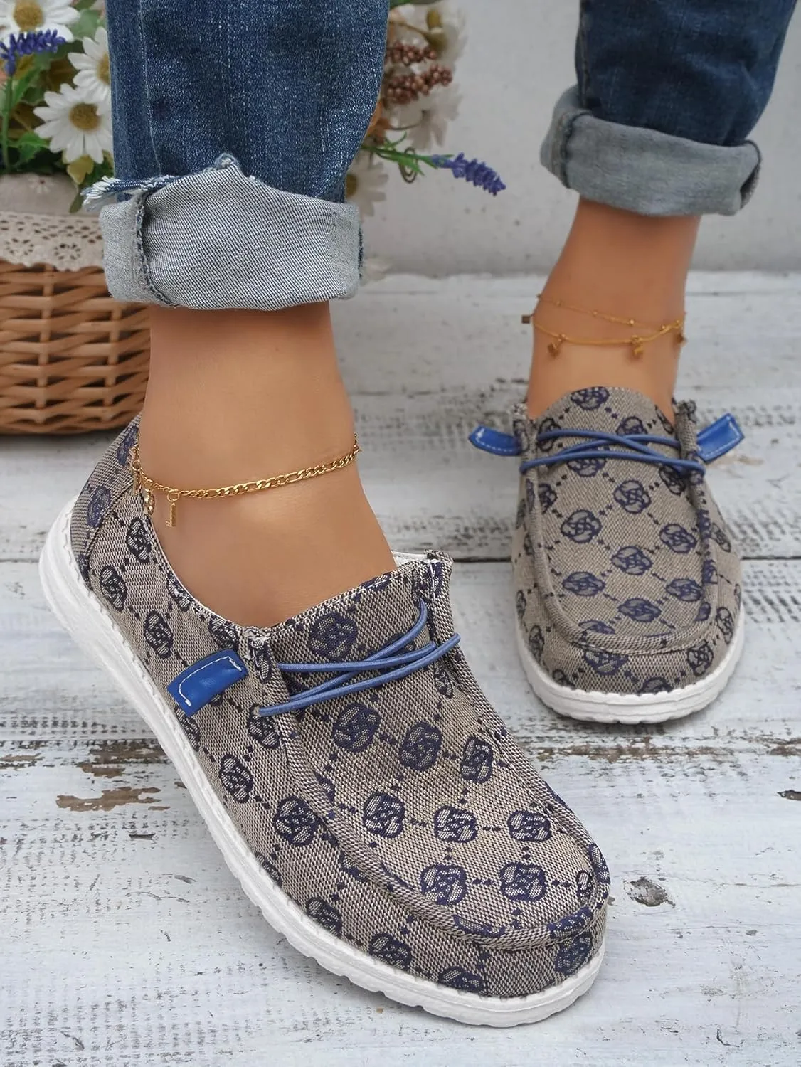 Women's Designer-Inspired Slip-On Loafers with Monogram Canvas, Lightweight Casual Walking Boat Shoes, Comfortable Breathable Lace-up Wide Width Sneakers Orthotic for Everyday Wear Pink Blue Brown