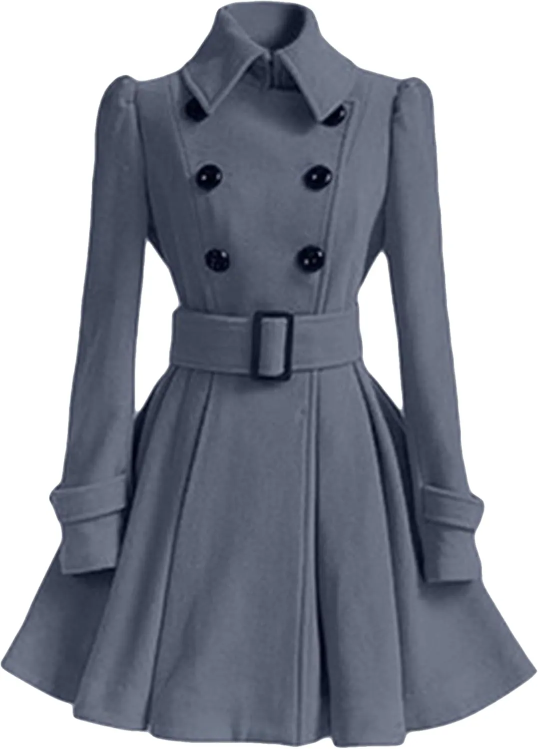 Womens Double Breasted Pleated Pea Coat Long Sleeve Lapel Jacket Midi Swing Outwear with Belt