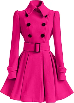 Womens Double Breasted Pleated Pea Coat Long Sleeve Lapel Jacket Midi Swing Outwear with Belt