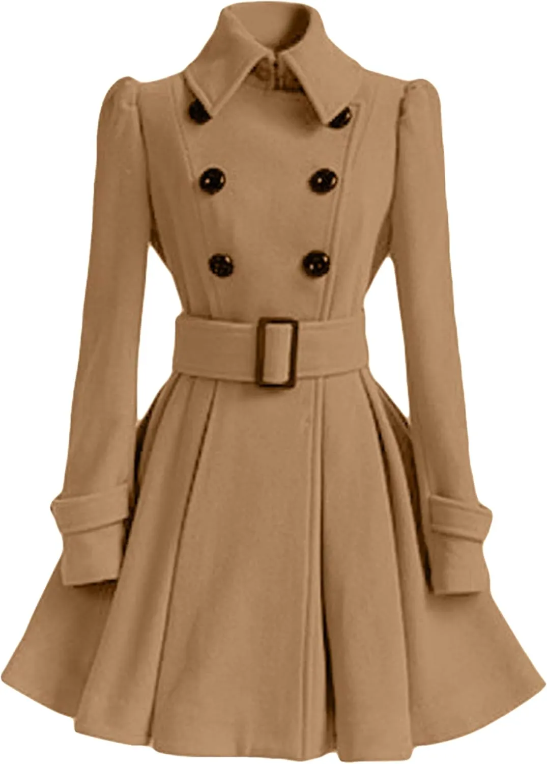 Womens Double Breasted Pleated Pea Coat Long Sleeve Lapel Jacket Midi Swing Outwear with Belt