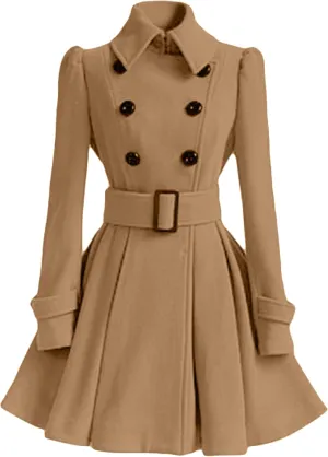 Womens Double Breasted Pleated Pea Coat Long Sleeve Lapel Jacket Midi Swing Outwear with Belt