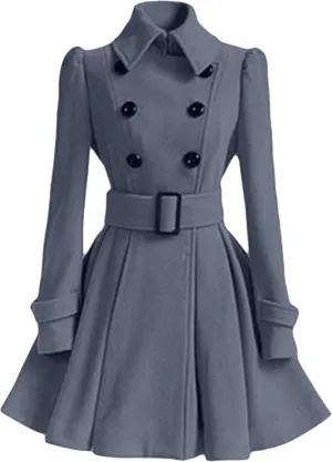 Womens Double Breasted Pleated Pea Coat Long Sleeve Lapel Jacket Midi Swing Outwear with Belt