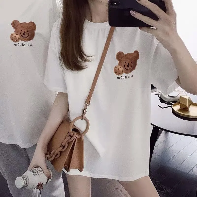 Womens Fairycore Cute Bear Graphic Print Short Sleeve Tops Crewneck Y2K Tee Oversized Aesthetic Streetwear