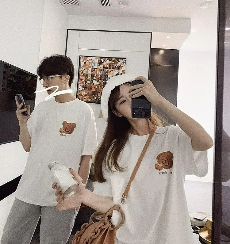 Womens Fairycore Cute Bear Graphic Print Short Sleeve Tops Crewneck Y2K Tee Oversized Aesthetic Streetwear