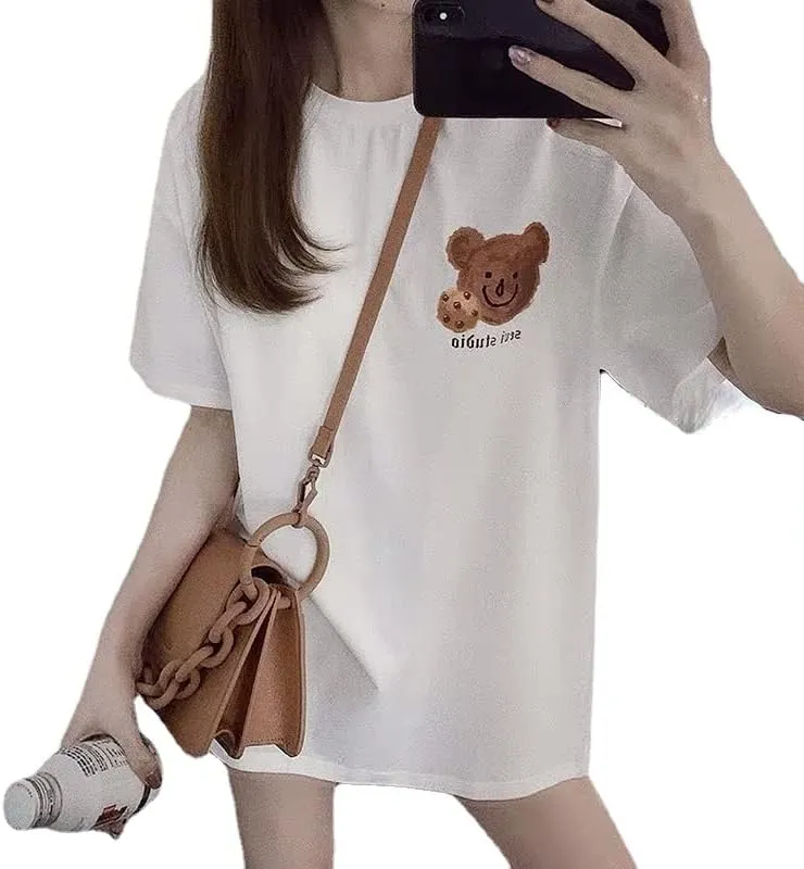Womens Fairycore Cute Bear Graphic Print Short Sleeve Tops Crewneck Y2K Tee Oversized Aesthetic Streetwear
