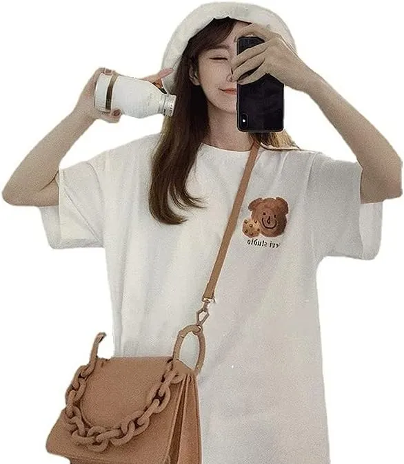 Womens Fairycore Cute Bear Graphic Print Short Sleeve Tops Crewneck Y2K Tee Oversized Aesthetic Streetwear