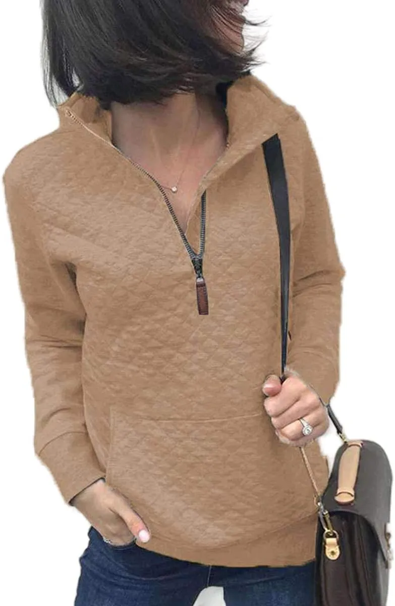 Women's Fashion Quilted Pattern Long Sleeve Casual Zipper Sweatshirt Solid Color Pullover Shirt Top.JNINTH