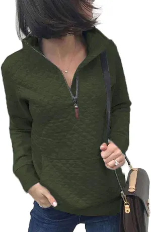 Women's Fashion Quilted Pattern Long Sleeve Casual Zipper Sweatshirt Solid Color Pullover Shirt Top.JNINTH