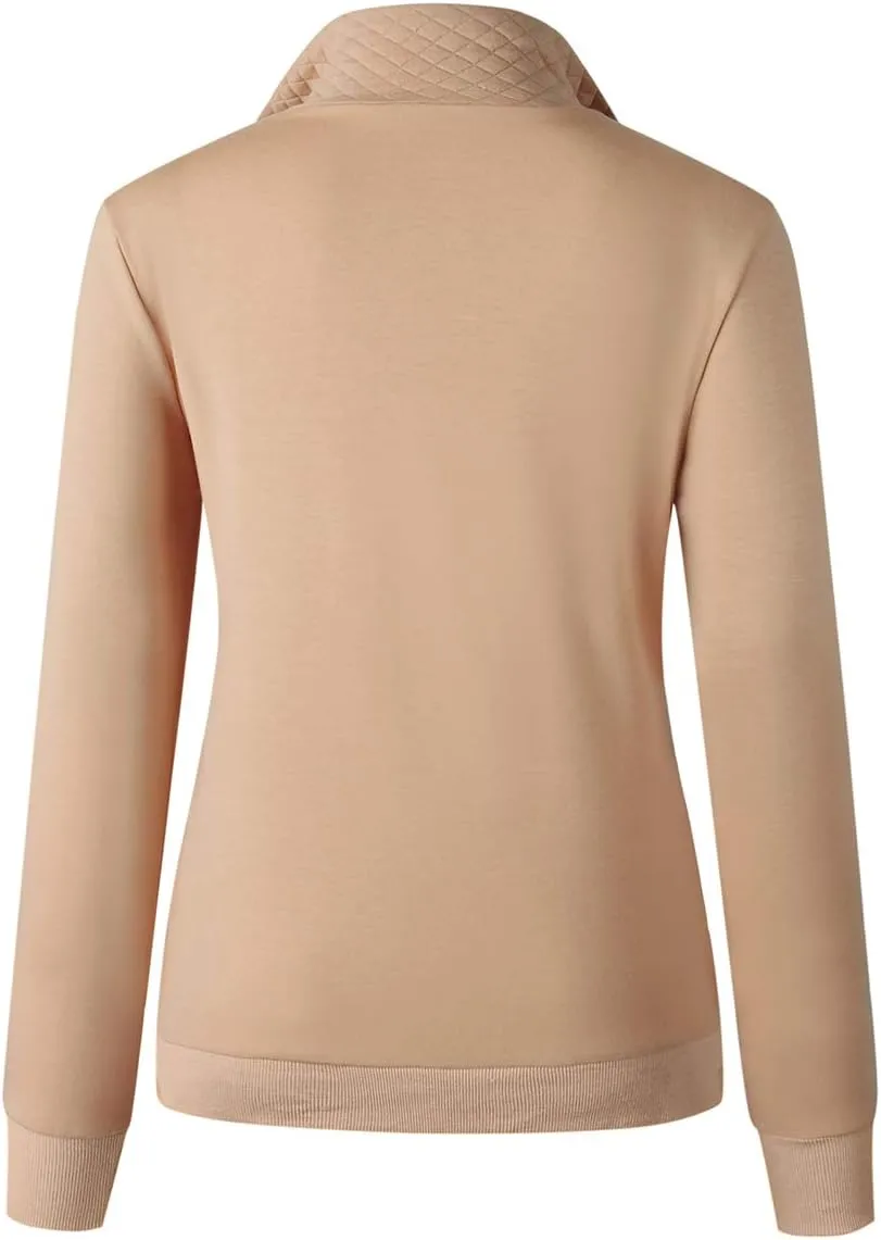 Women's Fashion Quilted Pattern Long Sleeve Casual Zipper Sweatshirt Solid Color Pullover Shirt Top.JNINTH