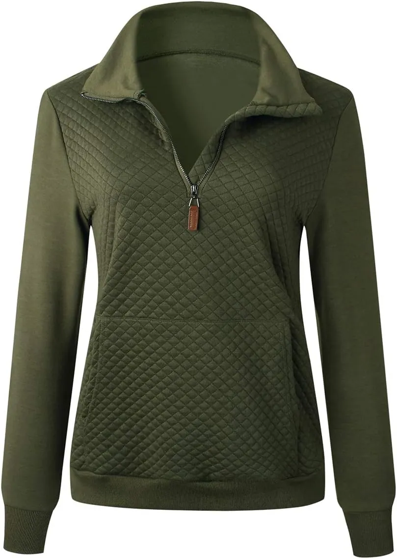 Women's Fashion Quilted Pattern Long Sleeve Casual Zipper Sweatshirt Solid Color Pullover Shirt Top.JNINTH