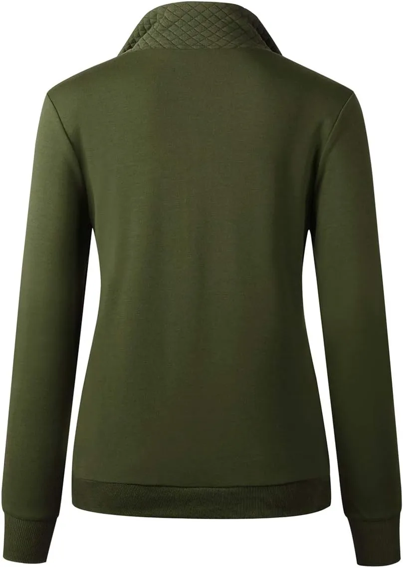 Women's Fashion Quilted Pattern Long Sleeve Casual Zipper Sweatshirt Solid Color Pullover Shirt Top.JNINTH