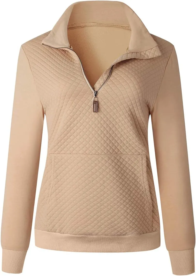Women's Fashion Quilted Pattern Long Sleeve Casual Zipper Sweatshirt Solid Color Pullover Shirt Top.JNINTH
