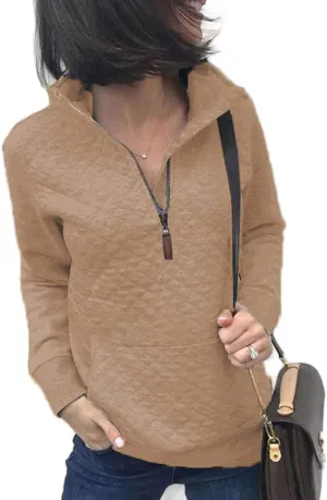 Women's Fashion Quilted Pattern Long Sleeve Casual Zipper Sweatshirt Solid Color Pullover Shirt Top.JNINTH